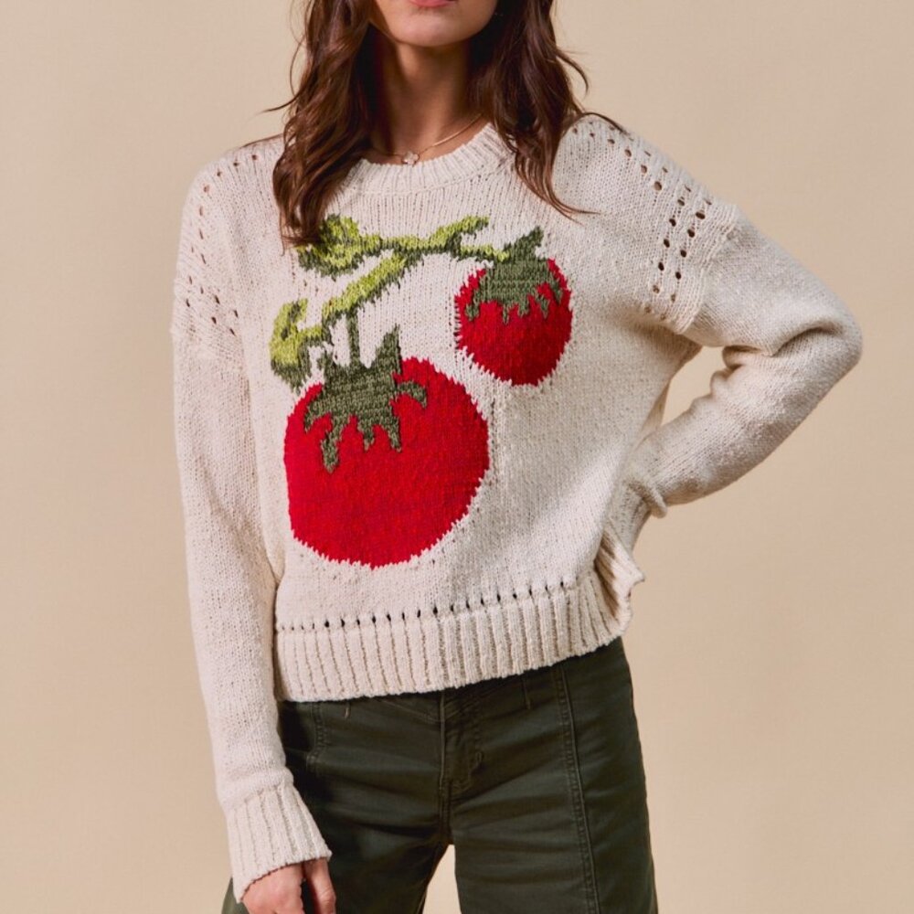 SO ME Tomato Graphic Knit Sweater Cream Red Green Garden Girl Cottagecore Y2K